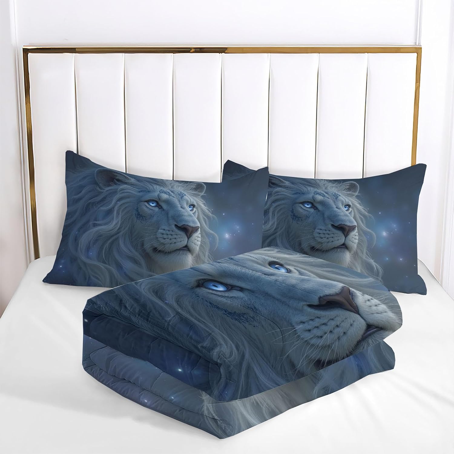 Kids 80" x 90" Coverless Duvet for All Seasons, Reversible Washable 3 Quilt with White Mane Animal Patterns, Blue Comforter with 2 Pillowcases 50x75cm, Full