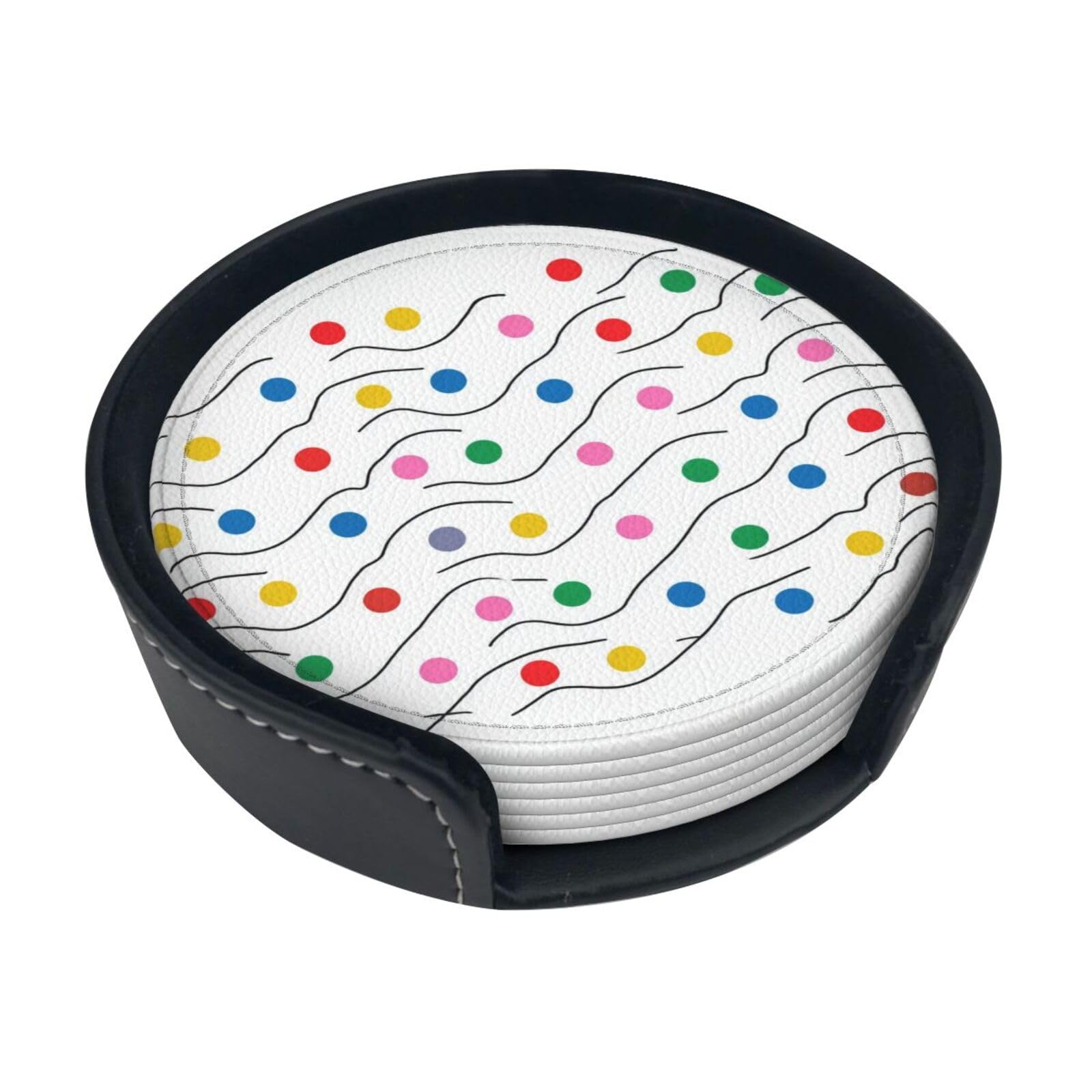 Dot Wave Leather Coasters-Set of 6 with Storage Holder