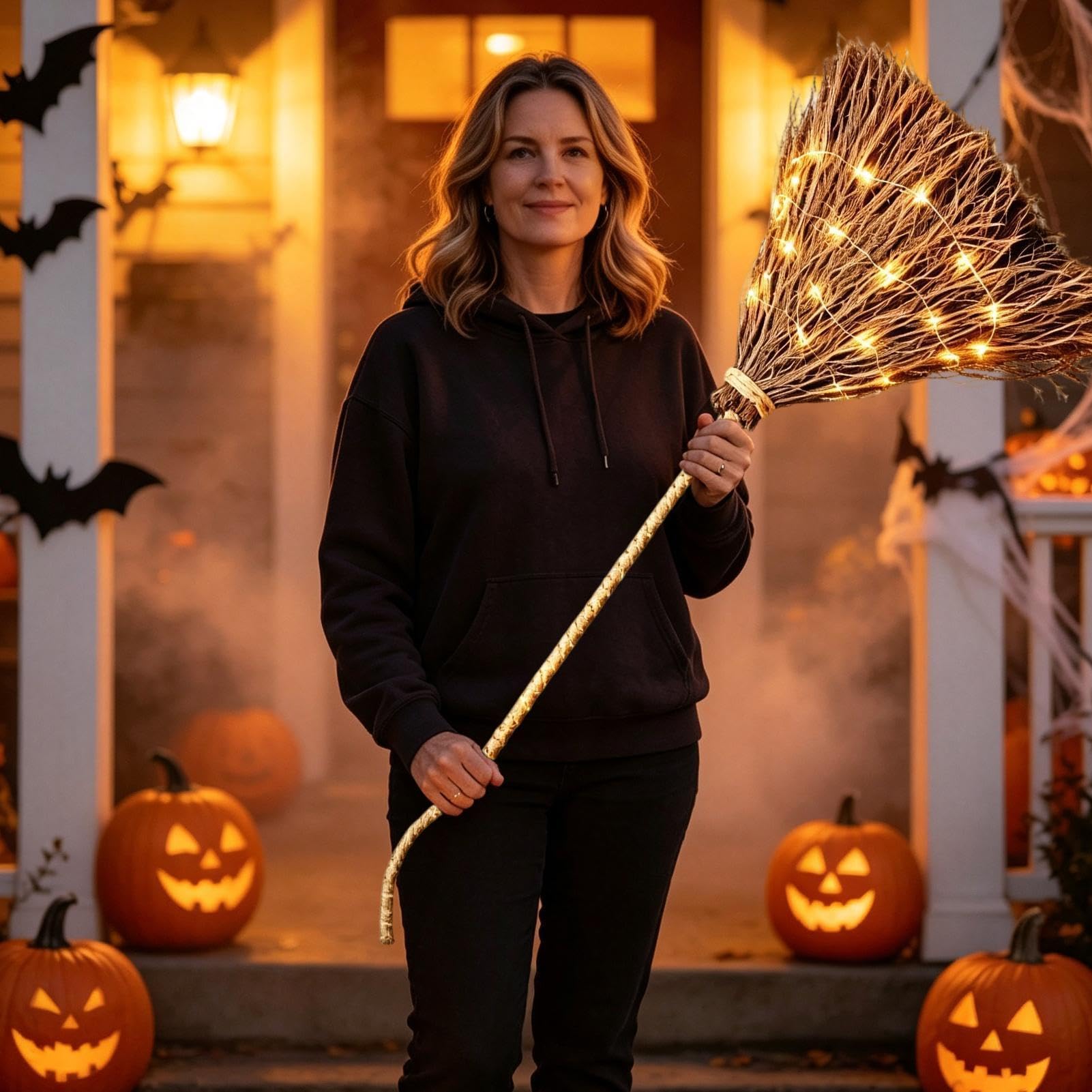 Halloween Escoba Funciona con pilas LED Interior Exterior | Escoba de bruja Decoración de Halloween para Fiesta de Halloween, Festival, Patio, Árboles, Salón, Balcón, Entrada y
