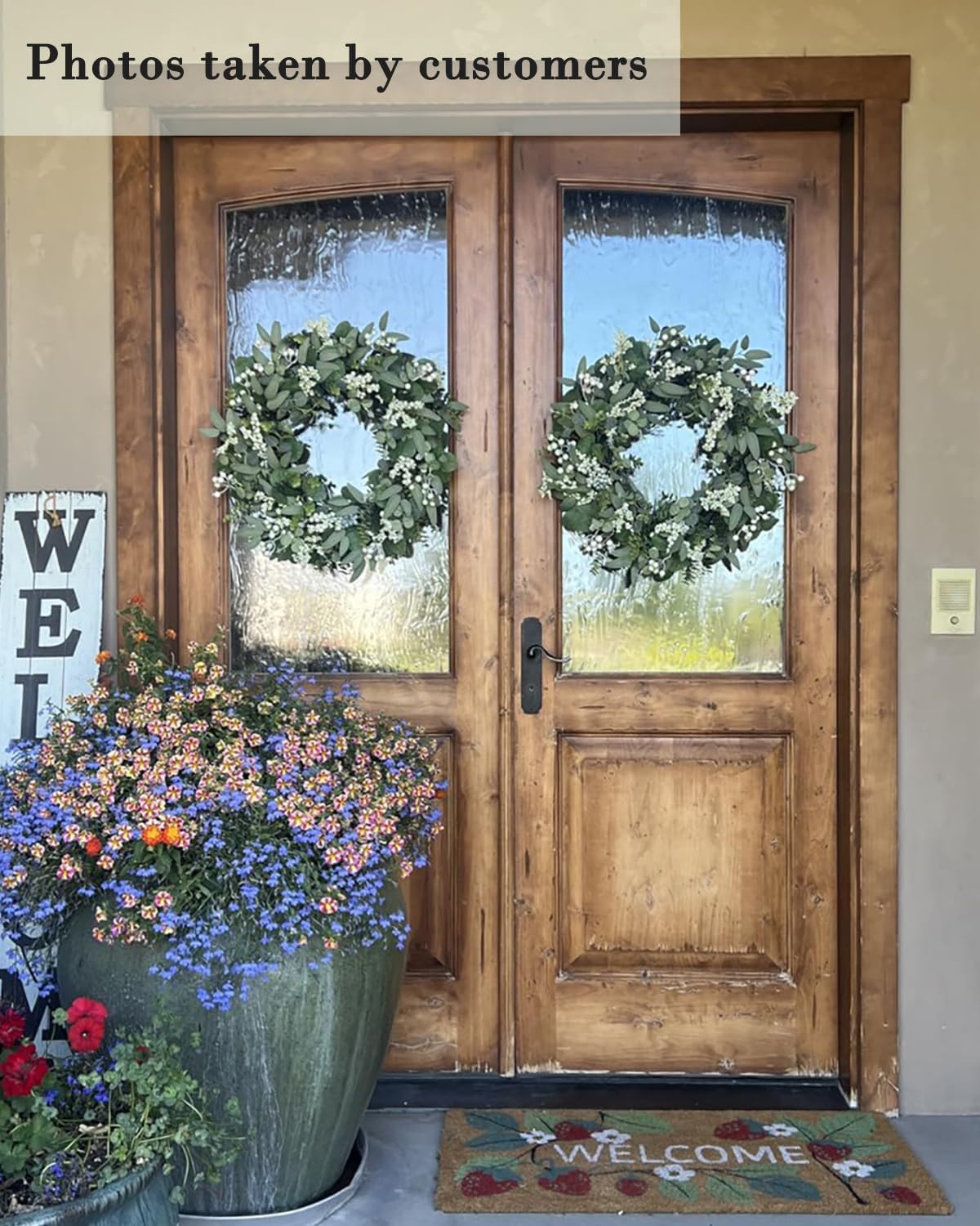 Vlorart 2 Pack Green Eucalyptus Leaf Wreaths, 24 Inch Artificial Spring Summer Wreaths for Front Door Decor Boxwood Wreath with Big Berries, Farmhouse Greenery Wreath Outside Year Round Indoor/Outdoor