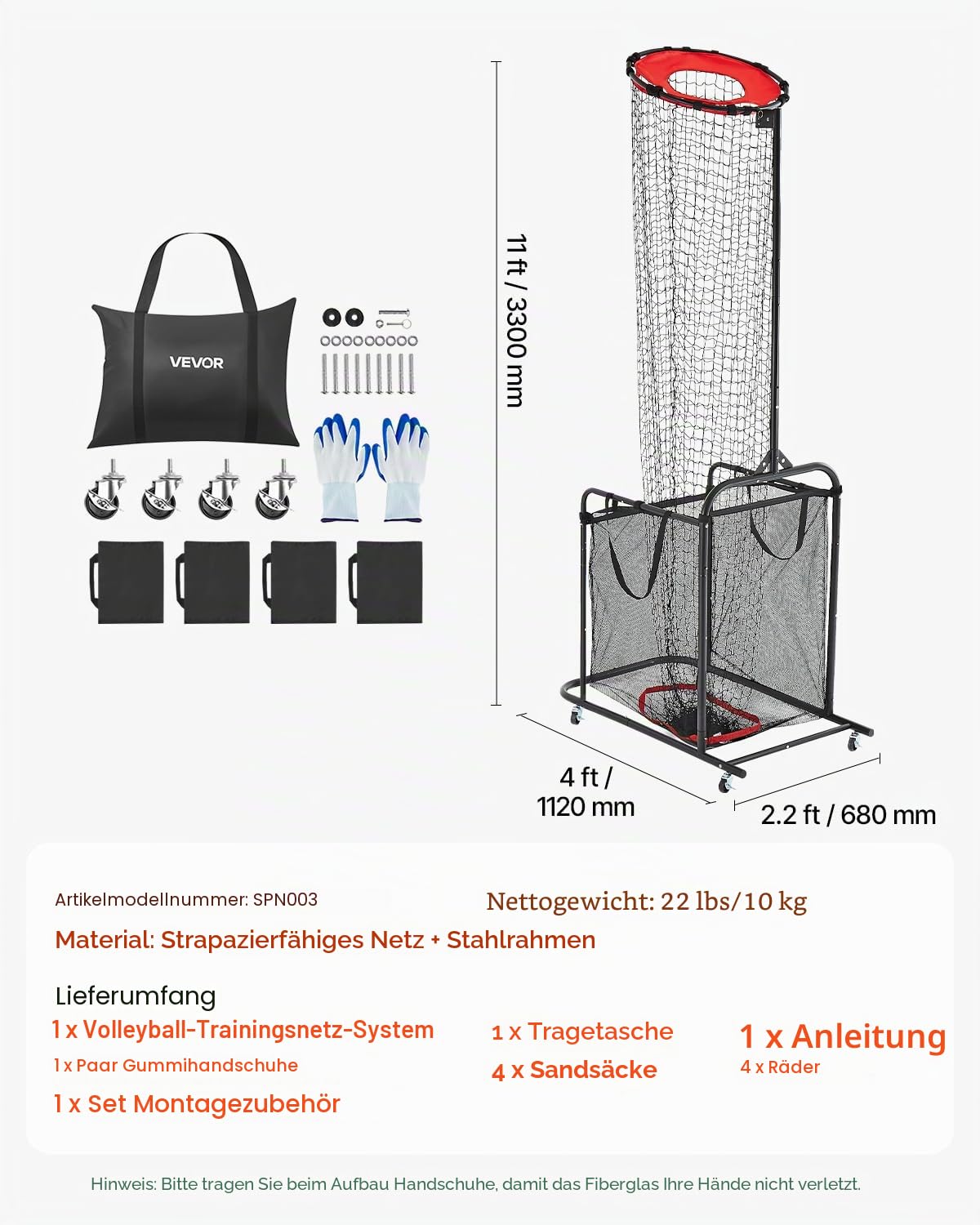 VEVOR Volleyball-Trainingsnetzsystem, 20,3 x 3,5 x 3,4 m, Pitching-Übung/Spiking-Übung/14 Netz, tragbare Netzstation, einfache Einrichtung für drinnen und draußen, Zielnetz zum Servieren von