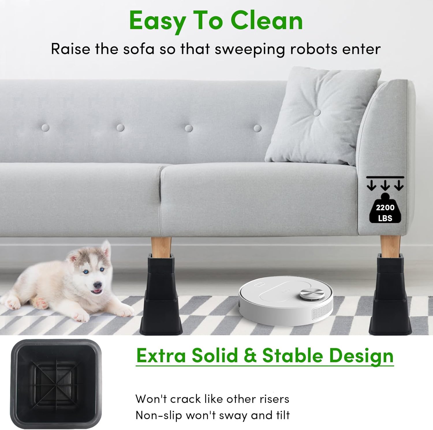 DEDU Bed Risers 10 Inch Heavy Duty 4 Pack, Furniture Risers for Sofas Oversized, Stackable Couch Risers Table Risers 3, 4, 5, 6, 7, 8, 9 or 10 Inch Supports Up to 2200 Lbs for Chair (16 Pcs)