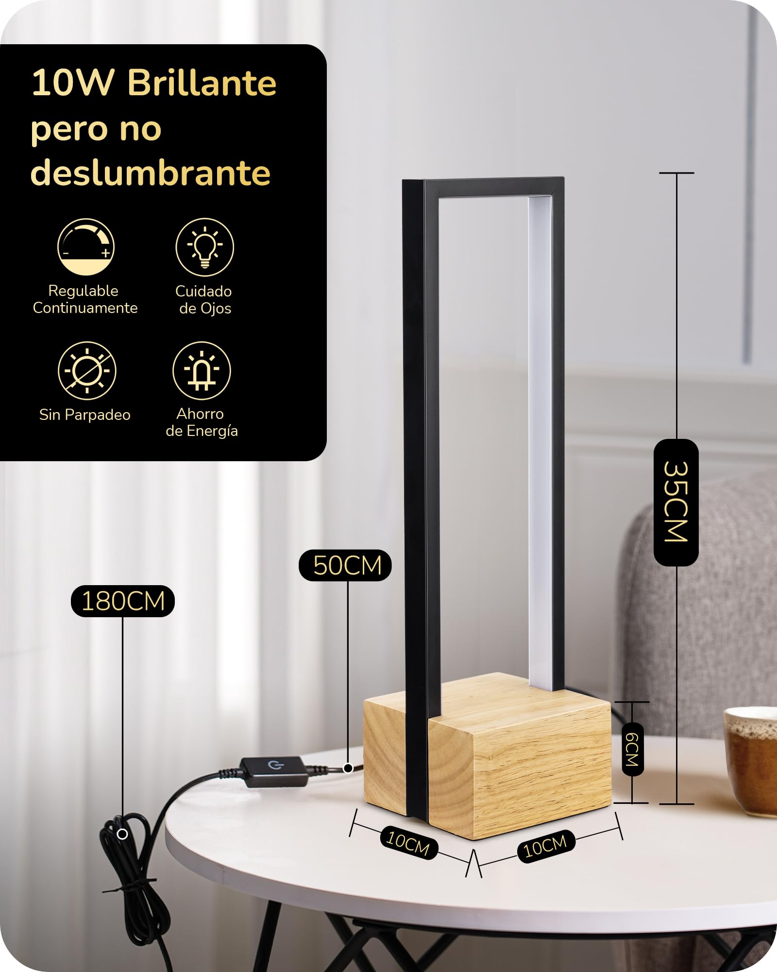 EDISHINE LED Lámpara de Mesa LED Regulable, Lámpara de Noche de 3 Temperaturas de Color (3000K 4500K 6000K), Regulable Continua Táctil para Salón, Oficina, Marco de Aluminio Negro y Base de Madera
