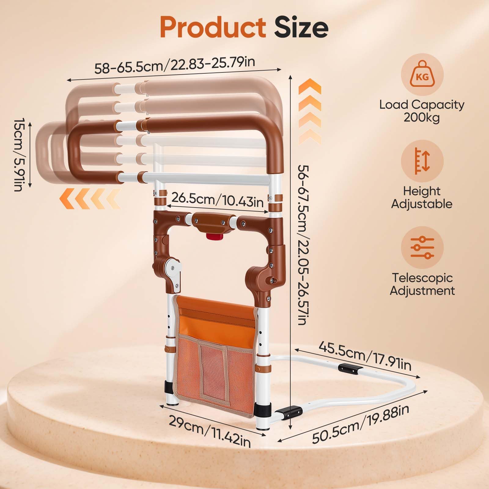 Sponda letto anziani pieghevole, sponde letto anziani regolabili | per materassi 20-33 cm, ausili per alzarsi dal letto con maniglia antiscivolo, tasca laterale e portata 200 kg