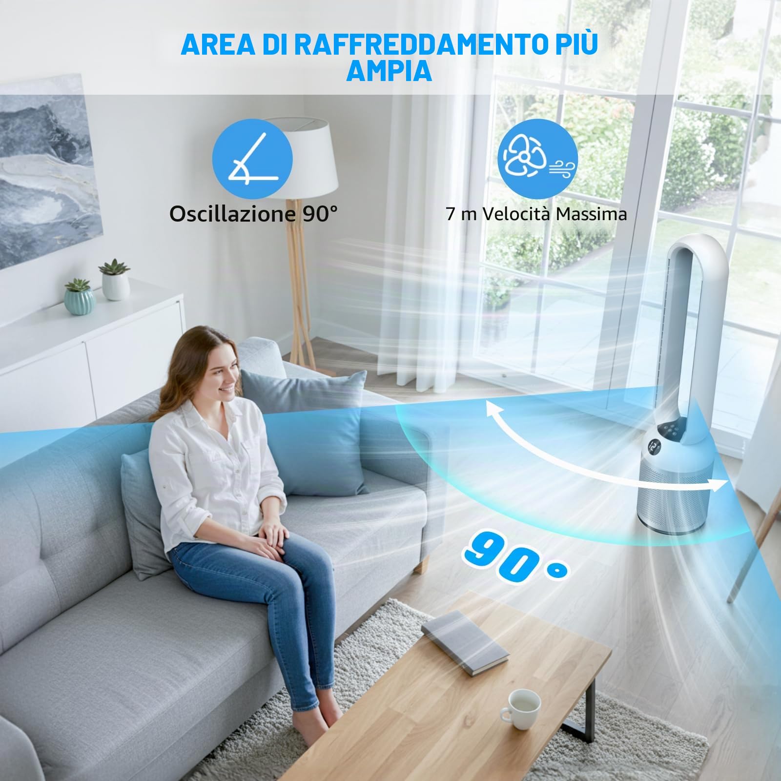 Ventilatore a Torre silenzioso, 24 Velocità, Oscillazione a 90°, Display a LED, Timer 12 Ore, Ideale per Camera da Letto, Ufficio, Soggiorno e Cucina (Argento)