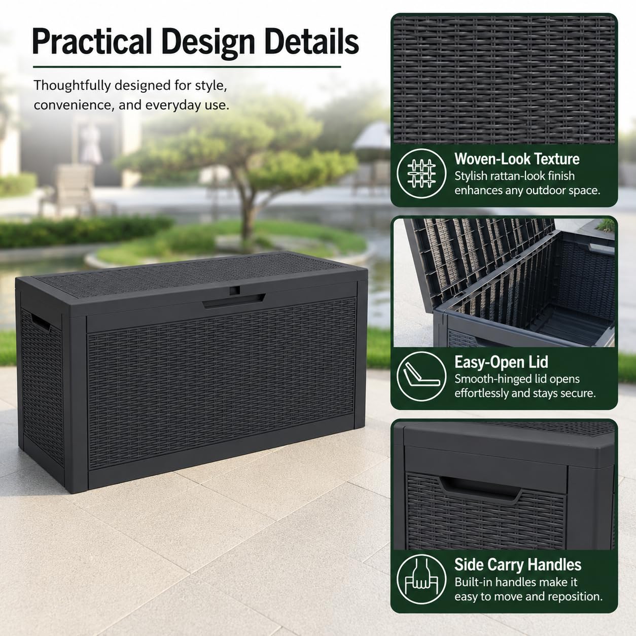 60 Galloni Baule da Esterno, Contenitore da Terrazzo in Resina 227L con Coperchio Bloccabile, Effetto Rattan Resistente all’Acqua per Cuscini, Attrezzi, Piscina, Giochi, Patio e Giardino