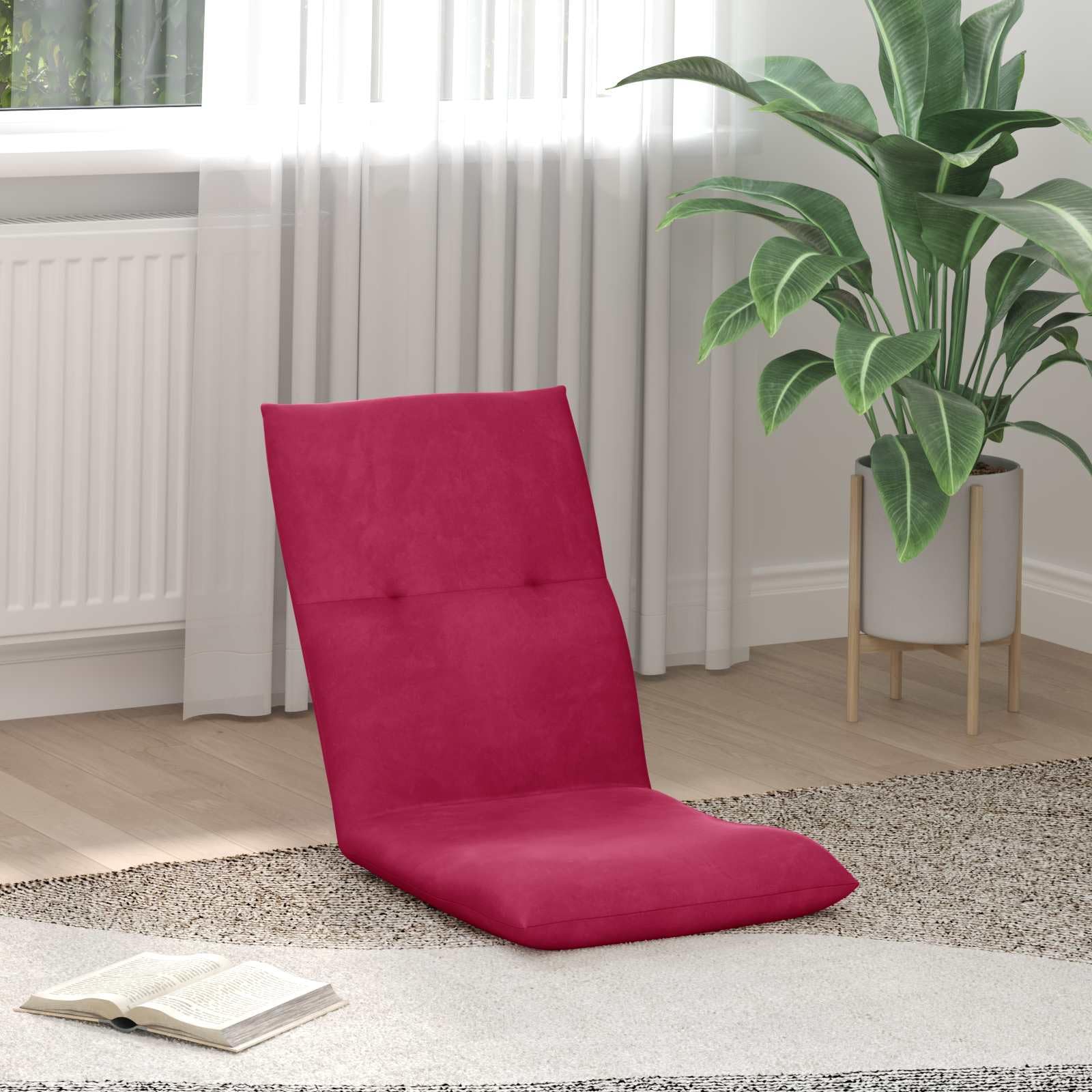 Regulowane krzesło podłogowe z oparciem, tapicerowane, aksamitne obicie czerwone wino, metalowa rama, ergonomiczne, składane, wielofunkcyjne do salonu, sypialni, gier i medytacji