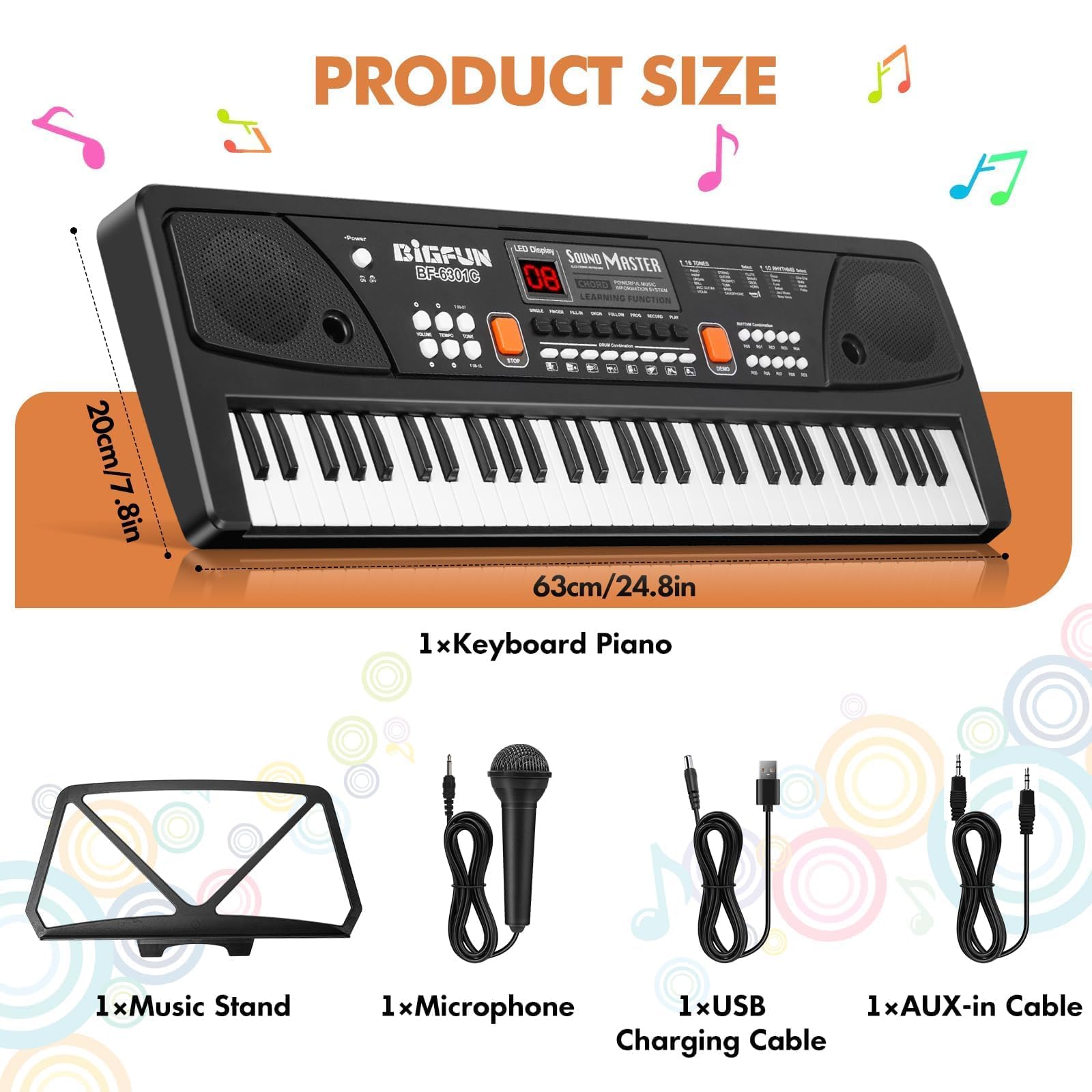 Teclado Piano 61 Teclas Infantil con Pantalla LED Atril Micrófono, Negro | Portátil Electrónico Musical Juguete Regalo Cumpleaños y Navidad para 3 4 5 6 7 8 9 Niños Niñas Principiantes