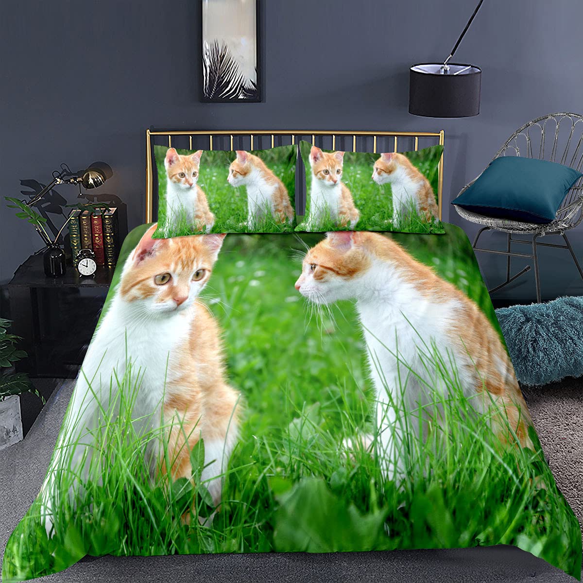 Set Copripiumino Per Bambini Con Gatti E Cagnolini - Morbido Microfibra 90g - Grigio 135x200 Con 2 Federe 50x75 Cm
