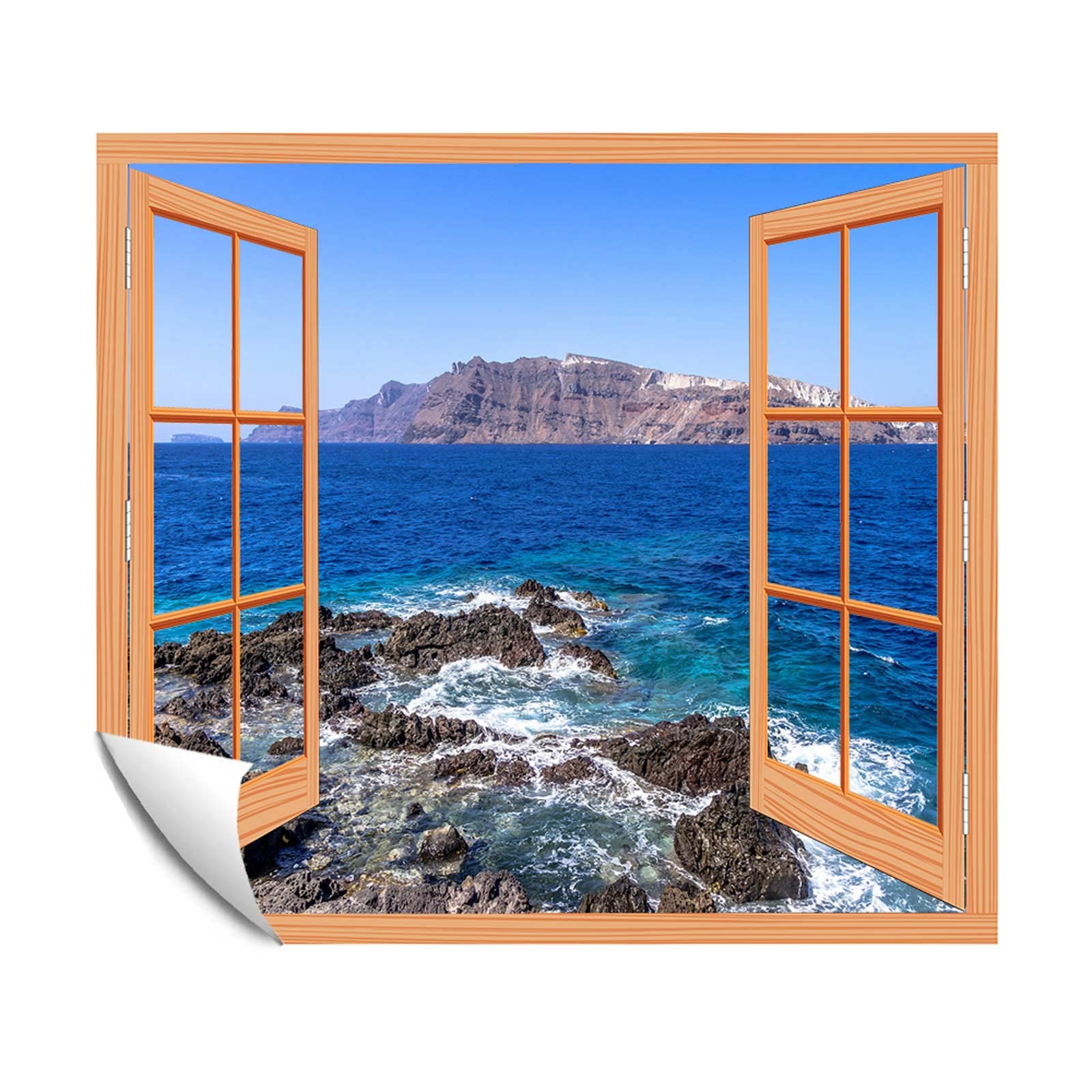 Open Window Mural Wall Sticker Santorini Ocean Greece Sea Island Travel Tourism - Creative Window View Home Decor/Wall Decor - 24"x32"