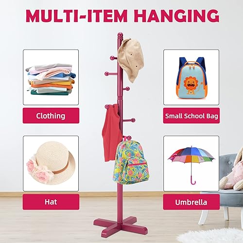 Miniatura 6 de Azaeahom Perchero cruzado independiente para ropa, perchero de madera con 8 ganchos, 2 alturas ajustables, fácil montaje en la entrada, espacio para