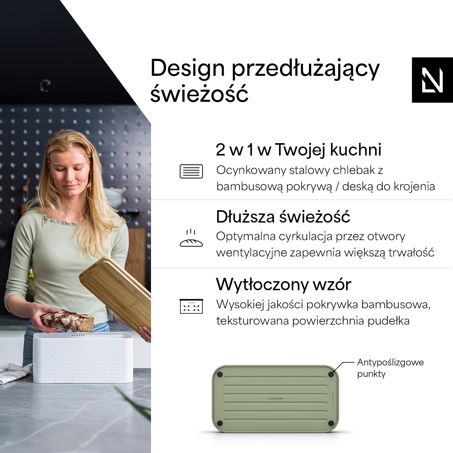 LARS NYSØM Chlebak z antypoślizgowymi nóżkami I Chlebak metalowy dla długotrwałej świeżości I Bambusowa pokrywka jako deska do krojenia I 34,5x18,5x15,8cm (Sage Green)