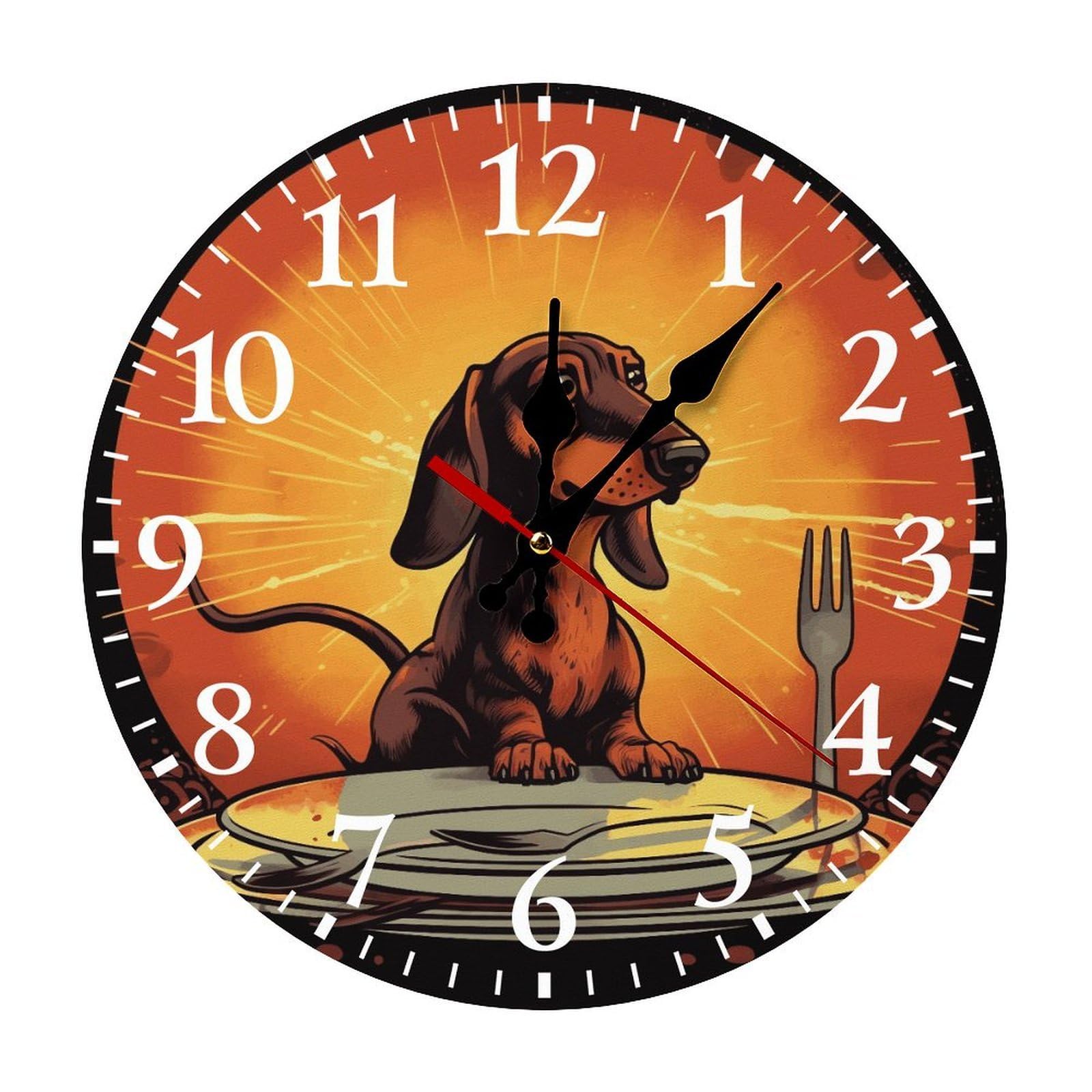 QMNLKH Dachshund Wall Clock for Home, Battery Operated Clock for Hotel, Round Wall Clock with Arabic Numerals White, Easy to Read, Non-Ticking Clocks for Living Room 25 * 25cm