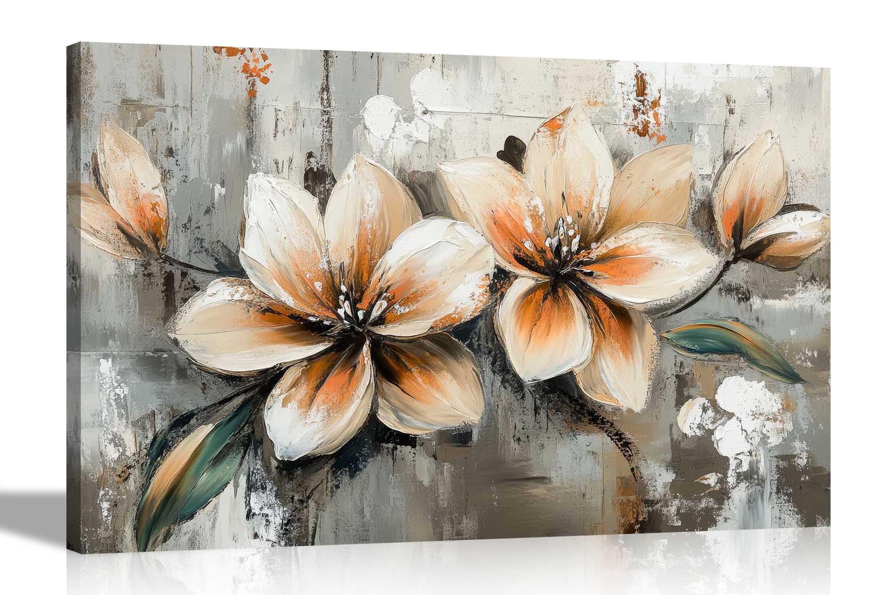 Artley Prints - Rustic Grey Artwork Abstract Cream Brown Flowers Canvas Prints for Living Room Décor Nature Home Office Wall Art Pictures 76 x 50cm (30 x 20 inches)