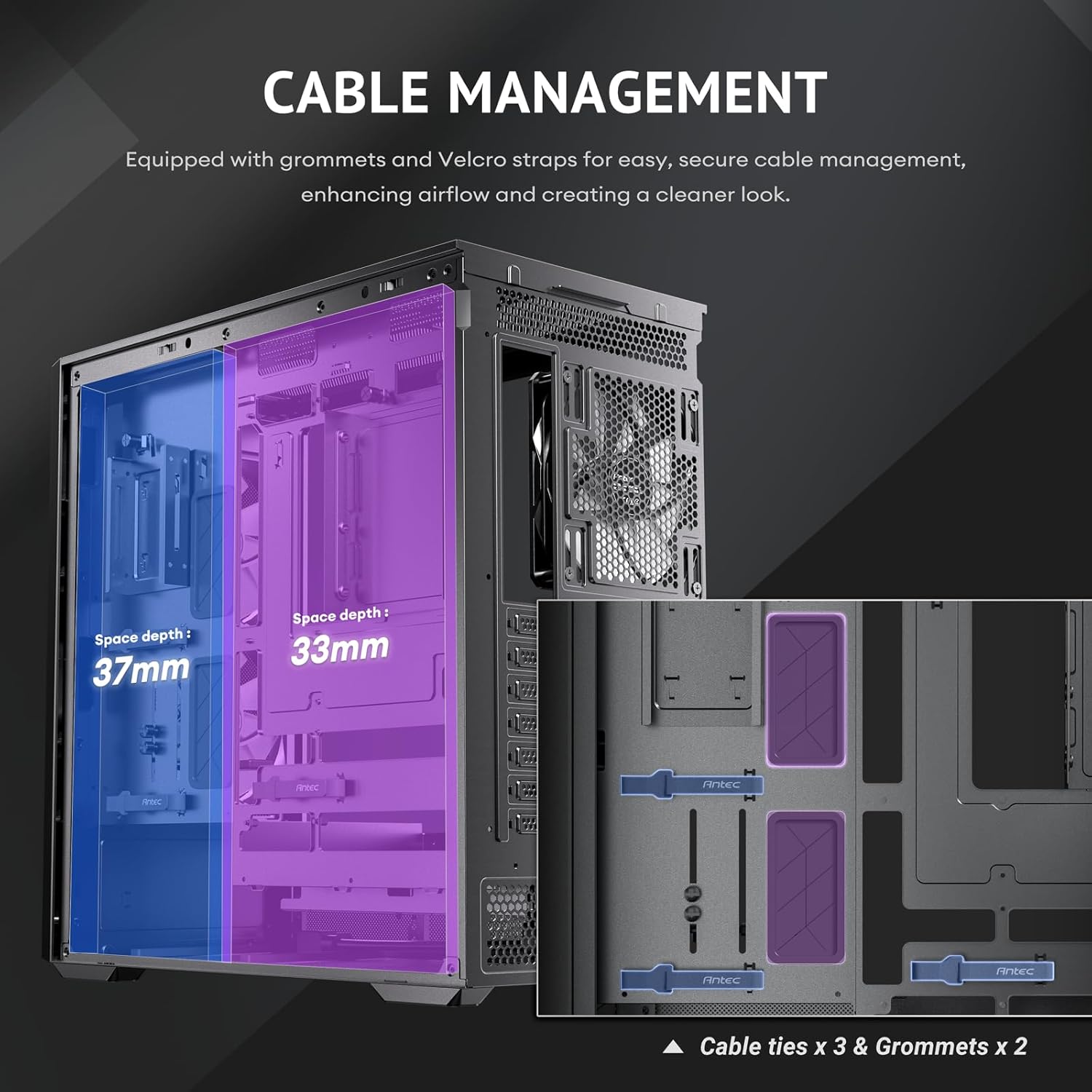 Diagram showing cable management space and features behind the motherboard tray.