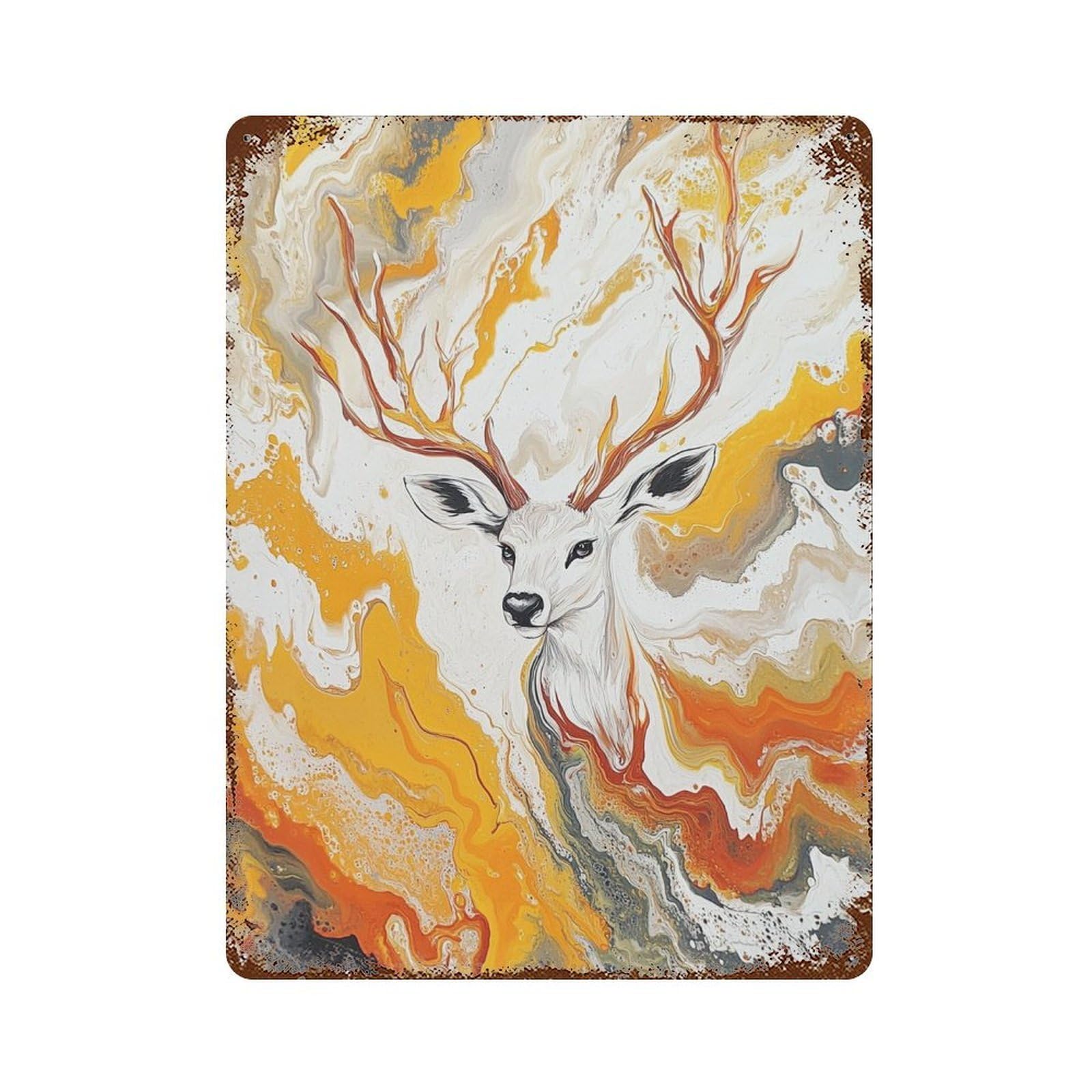 Deer Abstract Painting Artwork Vintage Wall Sign 15.7"x11.8", Rust Effect Metal Decor for Garage, Bar And Workshop Decor