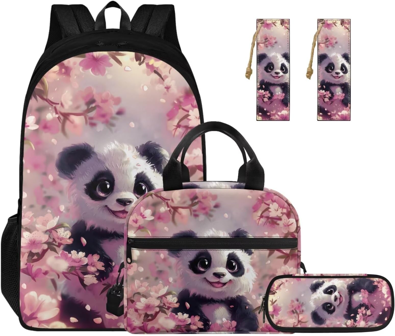 Cute Panda Backpack for Girls Cherry Blossoms School Backpack Sets with Lunch Bag Pencil Case 2Pcs Bookmark Lightweight Bookbag 4 in 1 Set for Teens Elementary Middle School Students