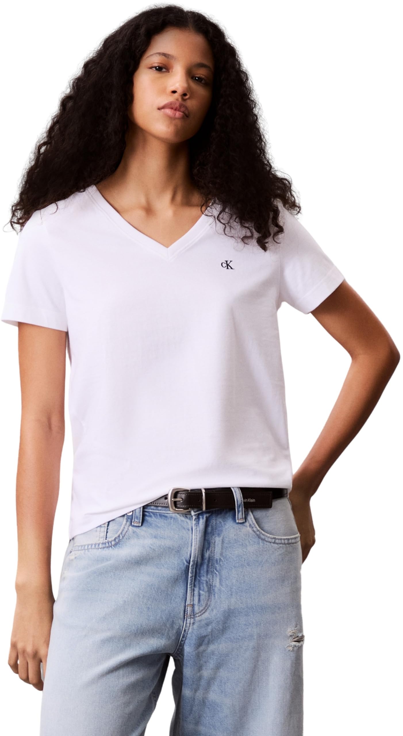Calvin Klein Women’s Short Sleeve V-Neck Archive Jersey T-Shirt, White (Brilliant White), XXL