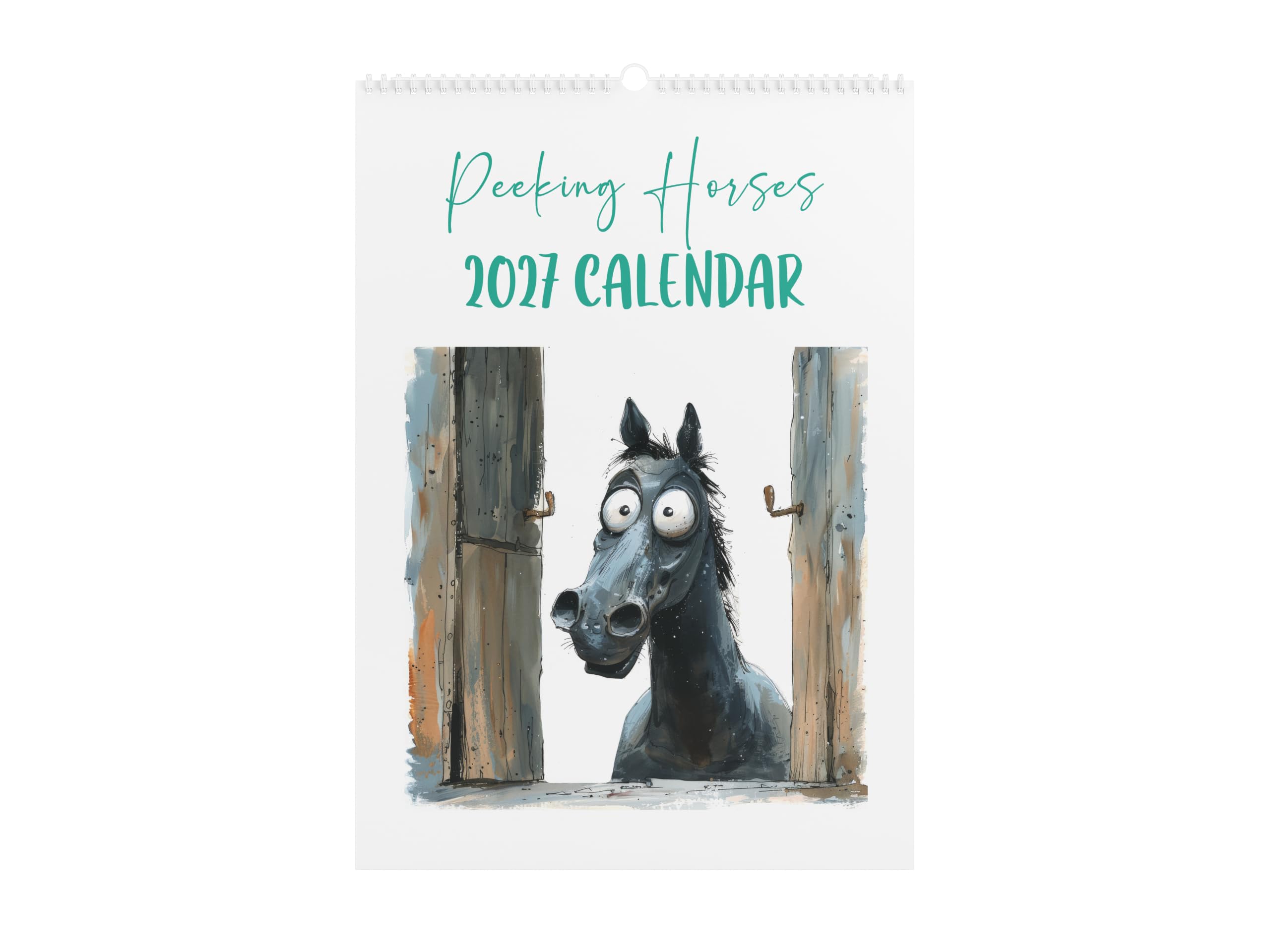 Horse 2027 Wall Calendar, A4 Size, Whimsical Peeping Horses Cartoon Design, 12 Monthly Pages, Spiral Bound, White Paper, Horse Lover Wall Planner