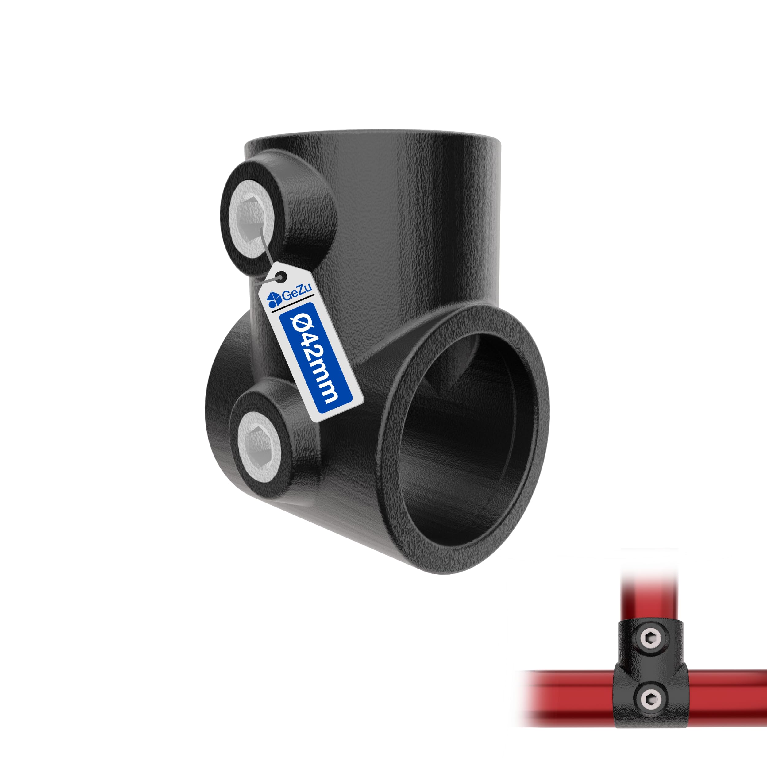 GeZu Impex Short Tee Tube Clamp Ø 42 mm Hot Dip Galvanised Black Powder Coated Single Socket T Connector Pipe Fitting Tube for Tubular Assemblies