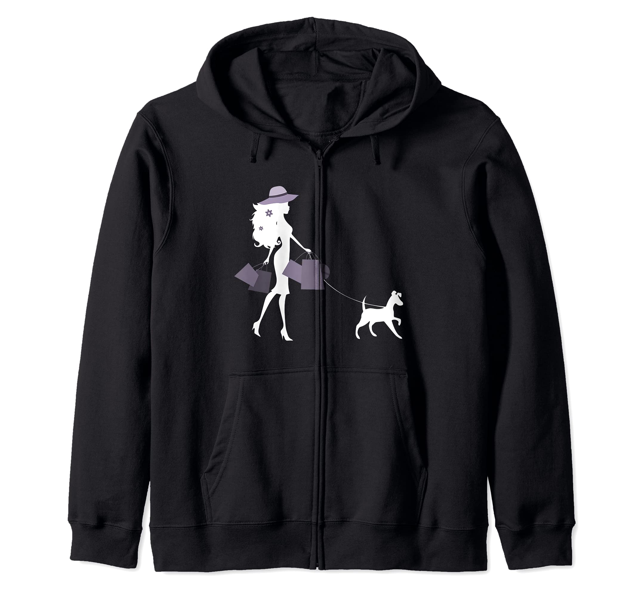 Woman Walking With Dog Mom Dogs Breed Shopping Puppies Zip Hoodie, Black