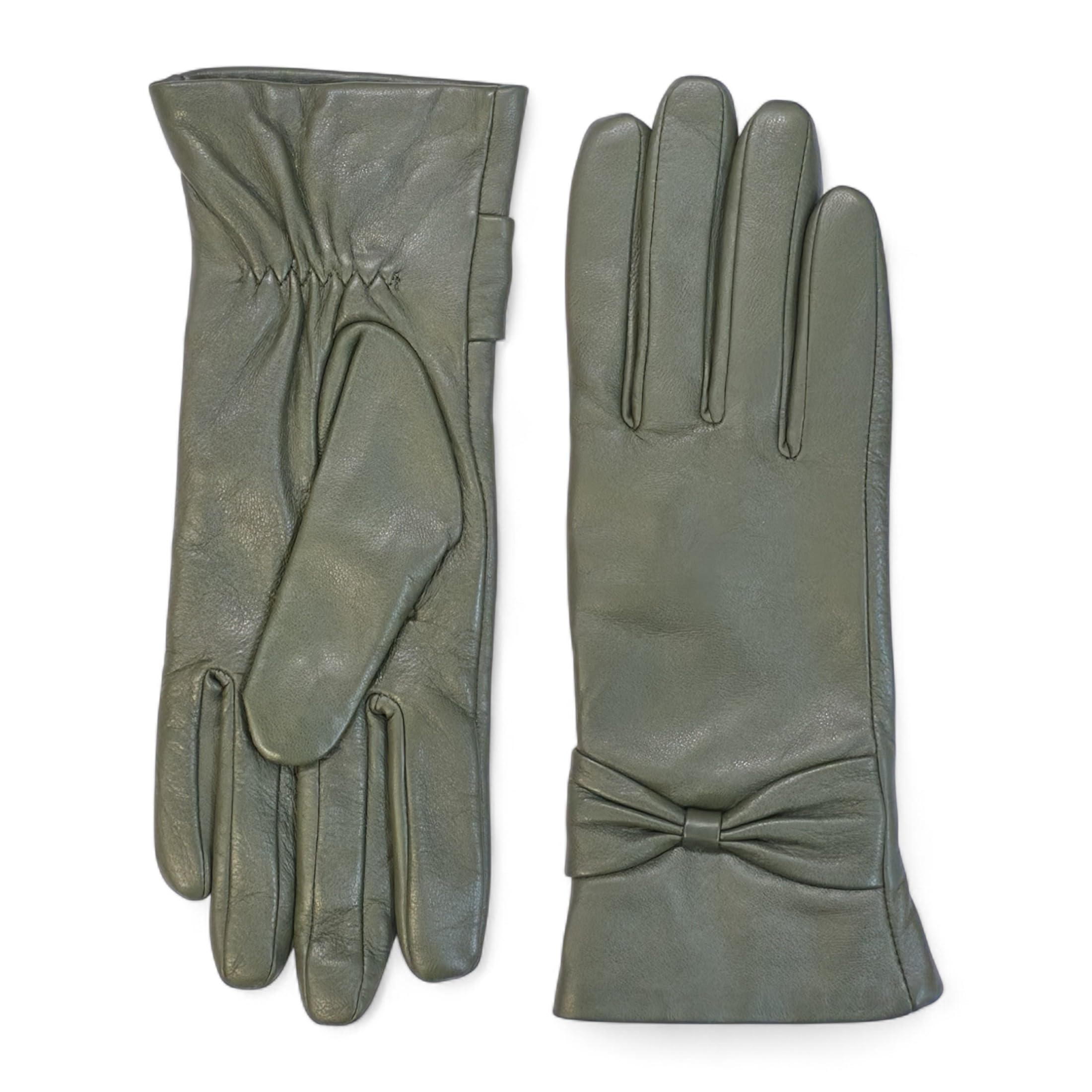 Infinity Leather Women's Olive Green Italian Leather Winter Gloves – Wool Lined, Touchscreen Compatible, Water-Resistant Driving Gloves With Bow Design