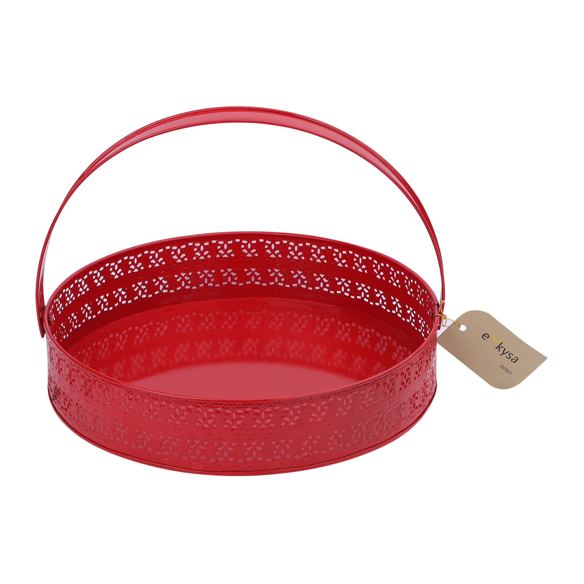 ekysa dekormetal multipurpose hamper Fancy Basket / Tray / Platter with handles for Packing, Gifting, Decoration - Red (30*6 cm)