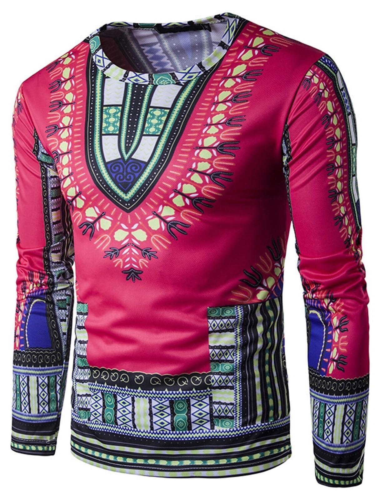 Men's African Dashiki T Shirt Spring Autumn Retro Ethnic 3D Print Crew Neck Long Sleeve TShirts