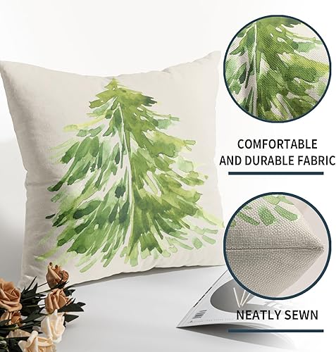 Miniatura 5 de Juego de 2 fundas de almohada de árbol de Navidad en acuarela de 18 x 18 pulgadas, diseño rústico de pino verde con estampado de pinos para