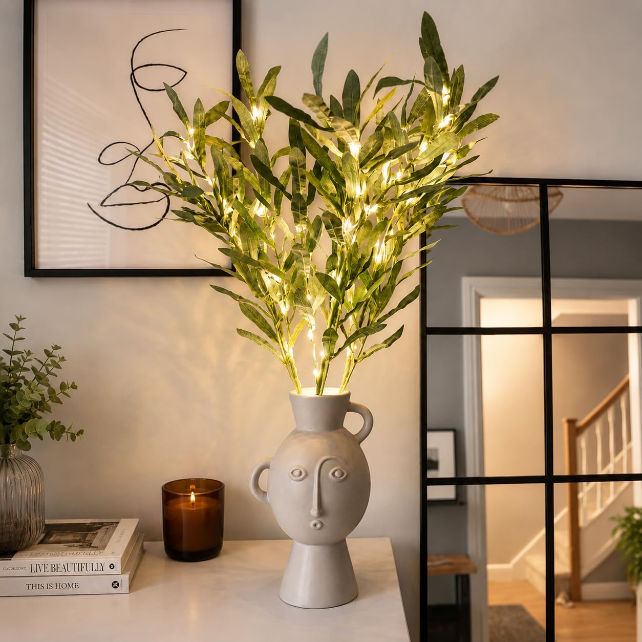 Festive Lights - Lot de 5 branches lumineuses décoratives en forme de feuilles d'olivier de 15 x 65 cm avec 300 LED blanc chaud - Feuillage d'intérieur alimenté par piles, design vert, fonction