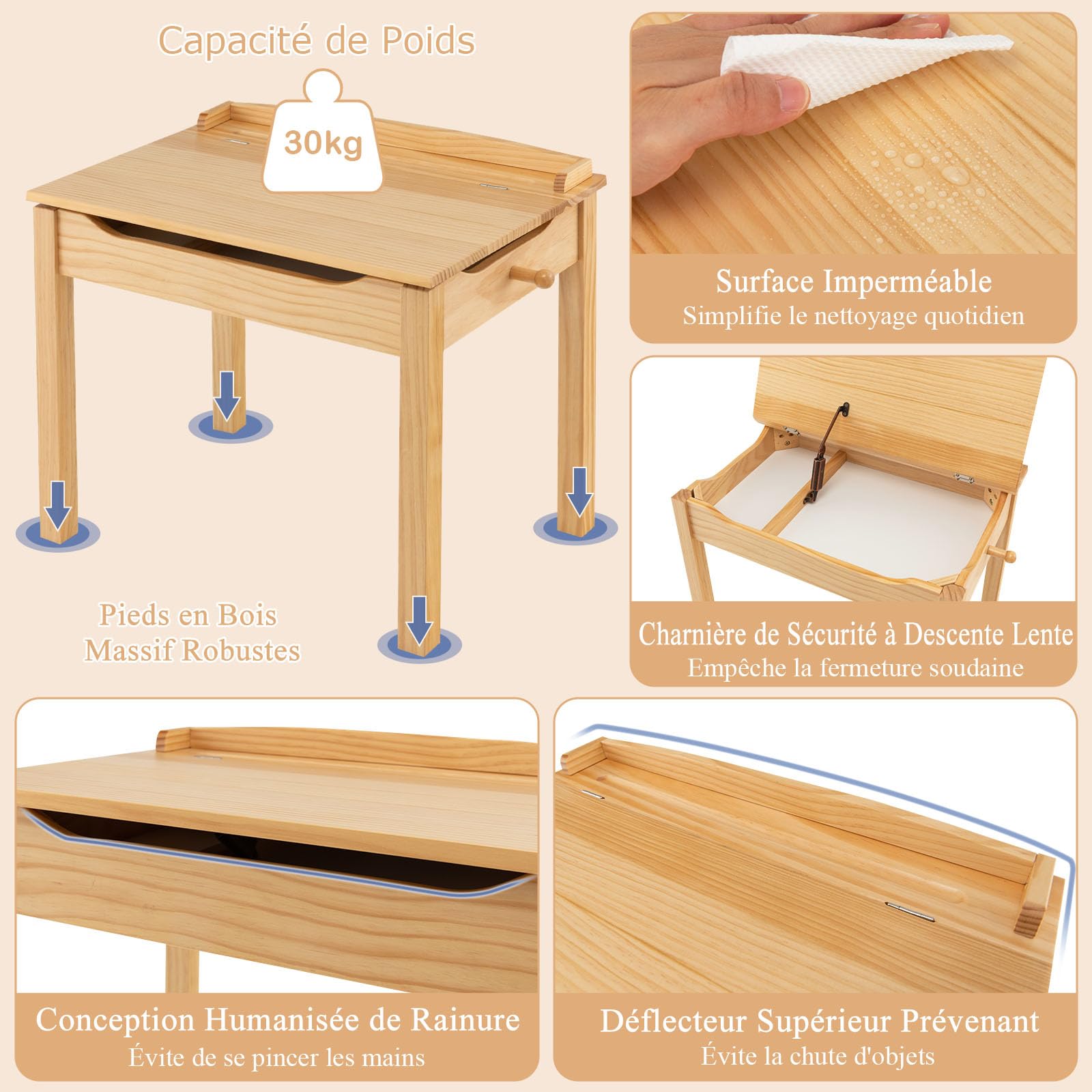 DREAMADE Bureau et Chaise Enfants 59x40x55CM en Bois,Table d'Étude Enfant 3+Ans,Plateau Rabattable,Crochet,Table et Chaise avec Tiroir en Tissu pour Fille Garçon,Charge 70KG (Naturel)