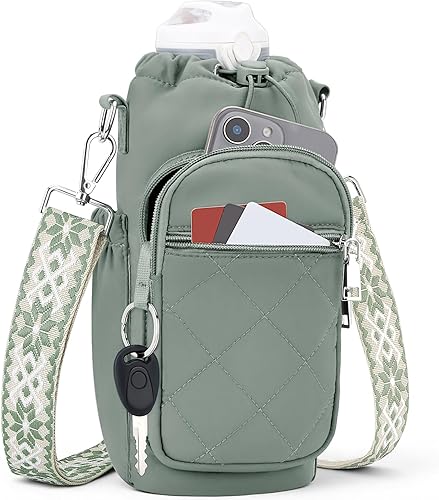 Miniatura 10 de Bolsa para botella de agua con correa, bolsa para botella de agua con bolsillo para teléfono de 40 onzas para caminar y senderismo Blanco,Verde