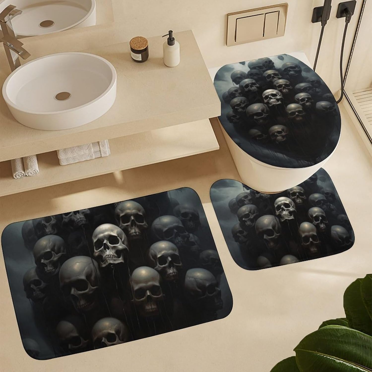4PCS Abstract Black Skull Bathroom Set with Rugs and Toilet Lid Cover Vintage Floating Skeleton Waterproof Shower Curtain Set for Bathroom Decor, Style-1