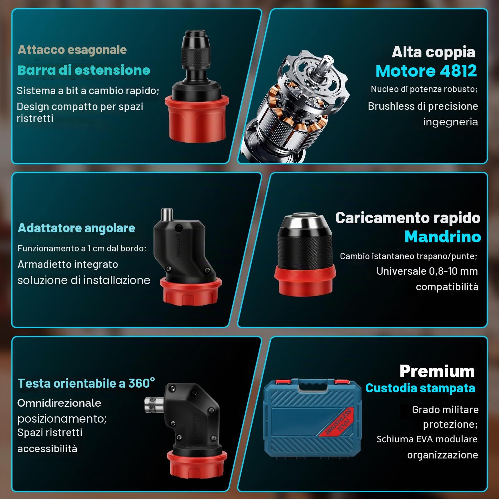 Set di trapano avvitatore a batteria compatibile con Makita 18 V, con 4 mandrini intercambiabili. Elettro utensile compatto e versatile per spazi limitati, ideale per hobbisti e professionisti