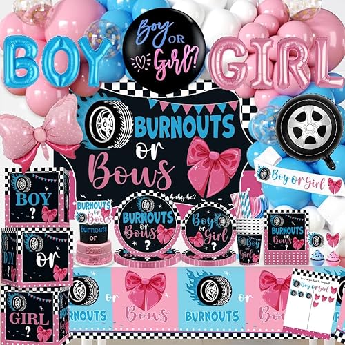Cocomigo 245pcs Burnouts or Bows Gender Reveal Decorations, One-stop Baby Gender Reveal Decorations Include Burnouts or Bows Plates Backdrop Tablecloths Balloon and Stickers