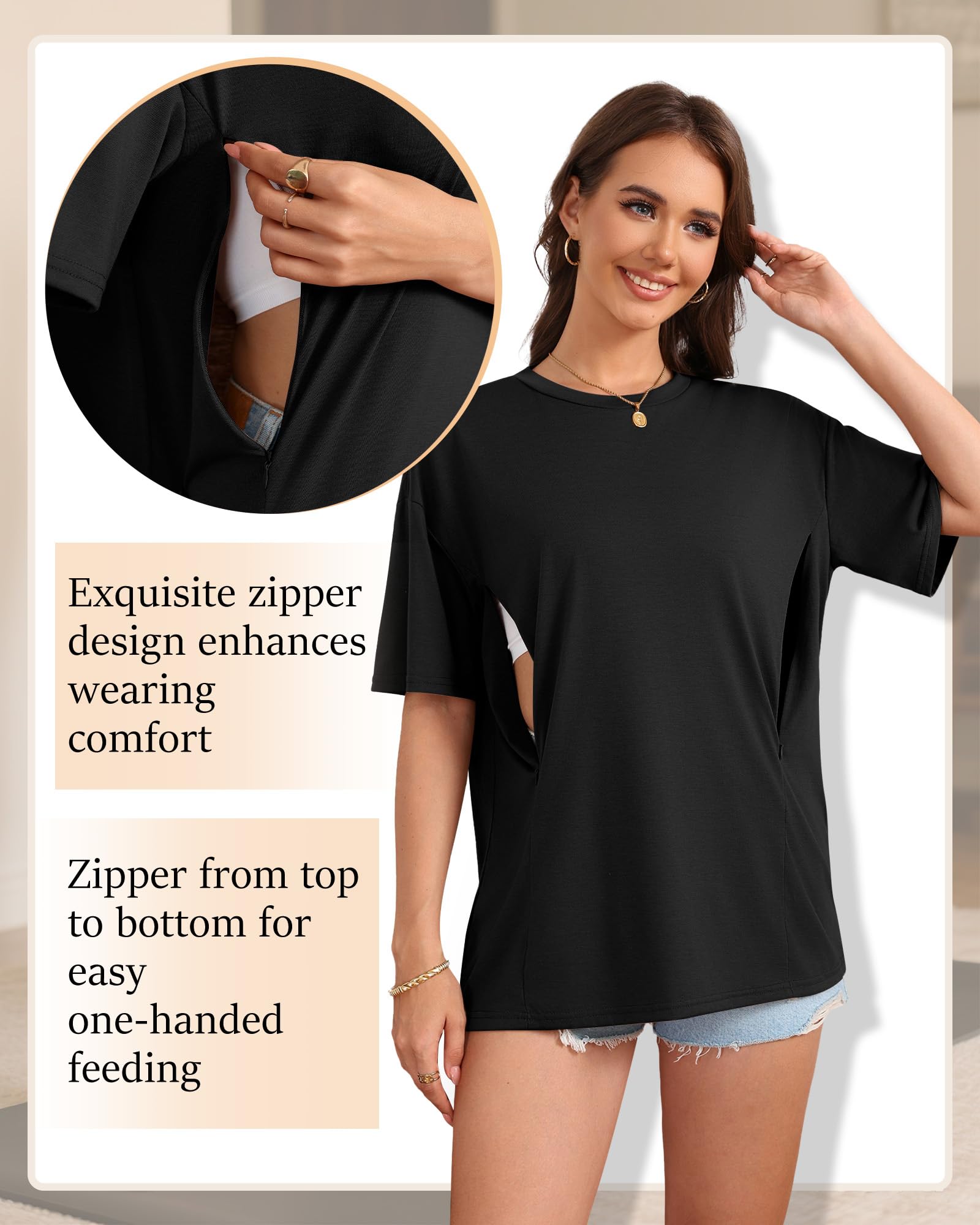 Xuniea 3er Pack Bequeme Weiche Umstands-Stillshirts für Damen Oversize Kurzarm Versteckter Reißverschluss Lockere Passform