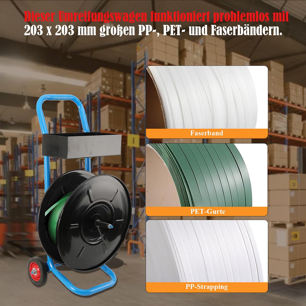 Abrollwagen Umreifungswagen für PP PET Polyesterfaserband Umreifungsbänder Umreifungsgerät, Fahrbarer Abroller Verpackungsriemenwagen für Kerndurchmesser 203 mm, Max Load 70Kg