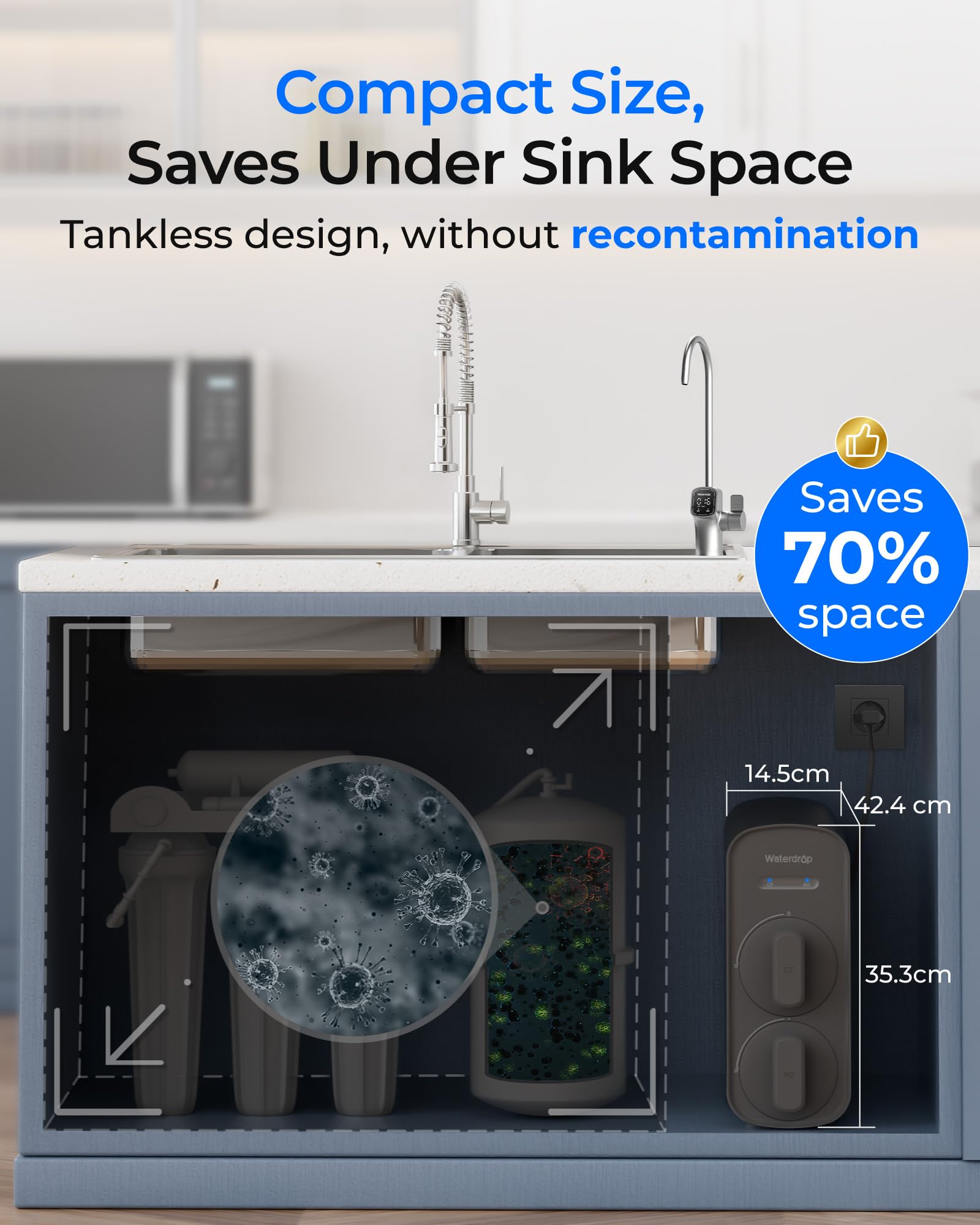 Waterdrop G5P700A Alkalischer Mineral-pH+ Umkehrosmose-Wasserfilter, NSF/ANSI 372-zertifiziert, 700G Umkehrosmosesystem, 8-Stufige RO-Wasserfiltersystem, 2:1 Pure to Drain, Intelligenter LED-Wasserha