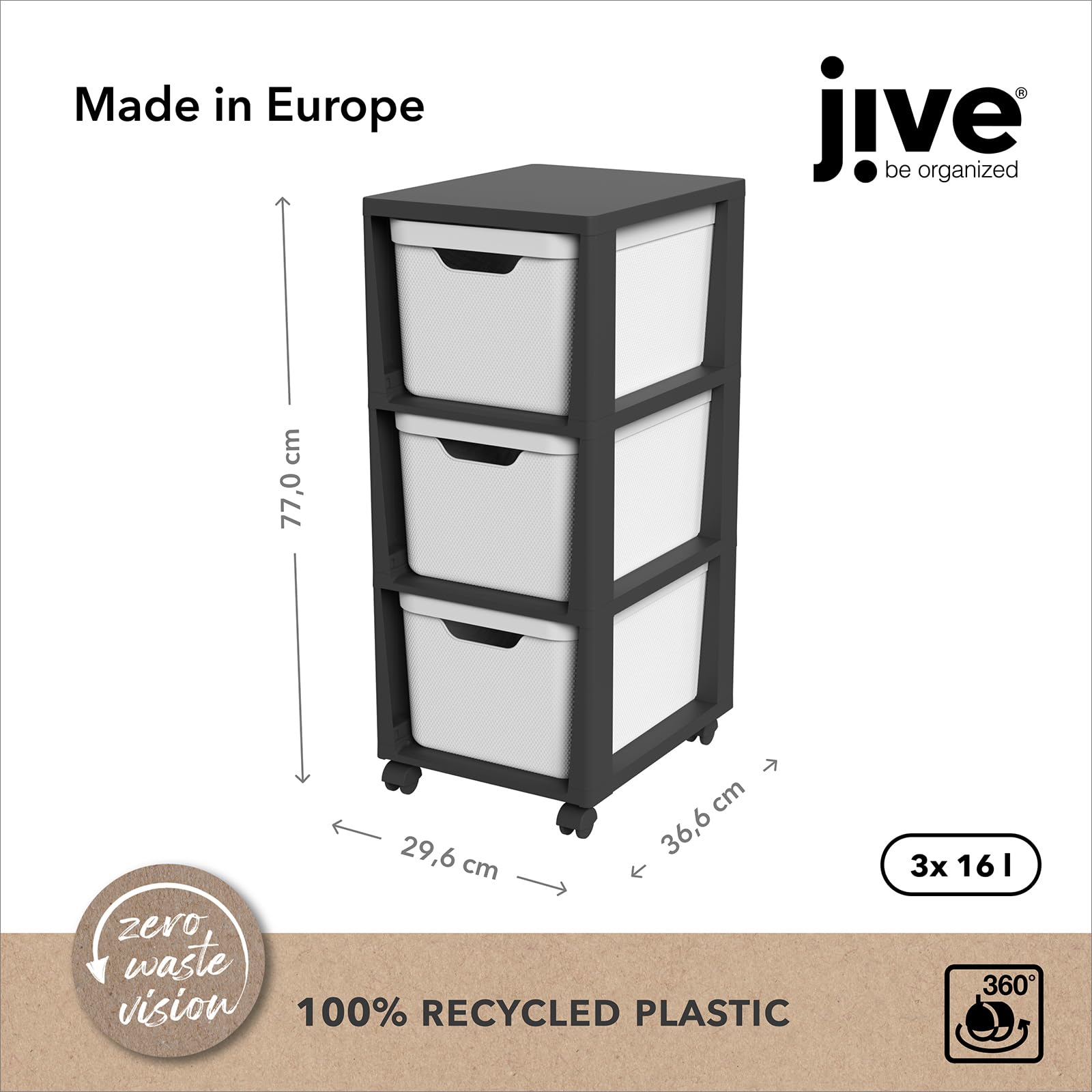 Rotho Jive Cajonera móvil con 3 cajones, 3 x 16l (37.9 x 30.4 x 32.9 cm) | Torre de almacenaje de plástico PP sin BPA con 4 ruedas giratorias para baño y cocina, diseño elegante en antracita y blanco