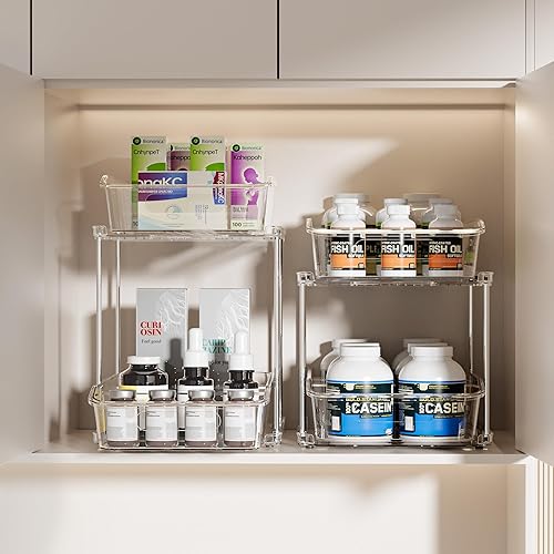 Miniatura 3 de Delamu 2 juegos de organizadores y almacenamiento transparentes de 2 niveles para debajo del fregadero, organizadores de gabinete de baño apilables