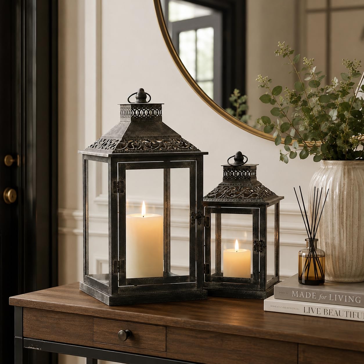 JHY DESIGN Metalowe wiszące latarnie, zestaw 2 latarni na świecę, świeczniki ogrodowe do wnętrz, na przyjęcia, wesela, ogród, balkon, korytarz (Czarny z szarym pędzlem)