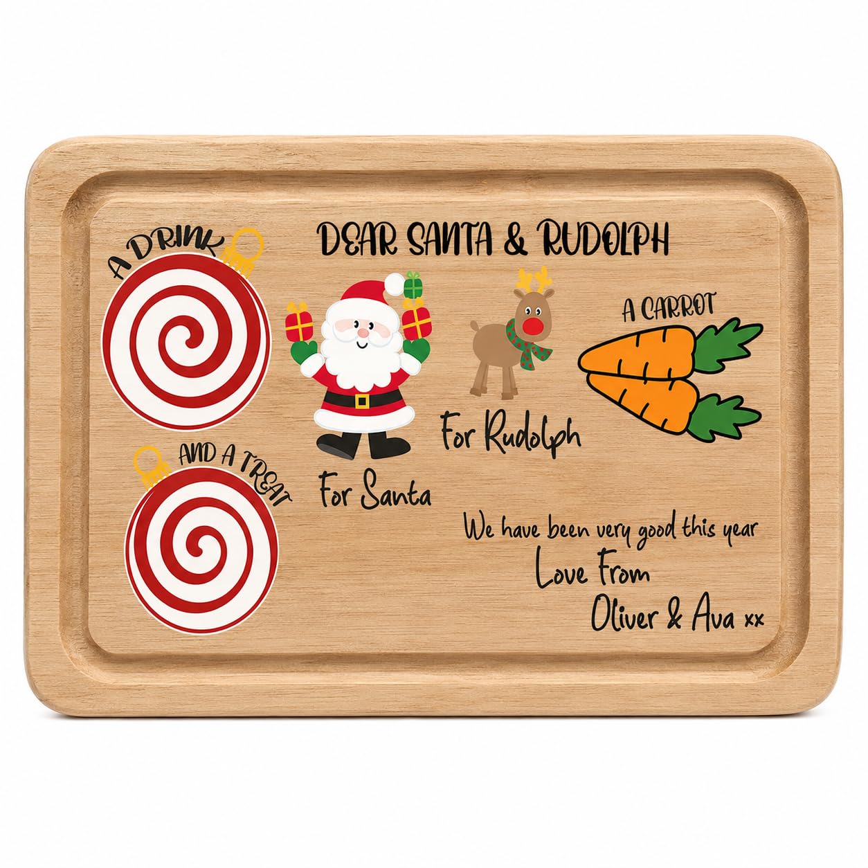 Ellie Charles Personalised Santa Christmas Eve Board, Solid Wood UV Printed Treat Tray for Santa and Rudolph, Custom Children’s Names, Drink Snack and Carrot Serving Board, 30 x 20 cm