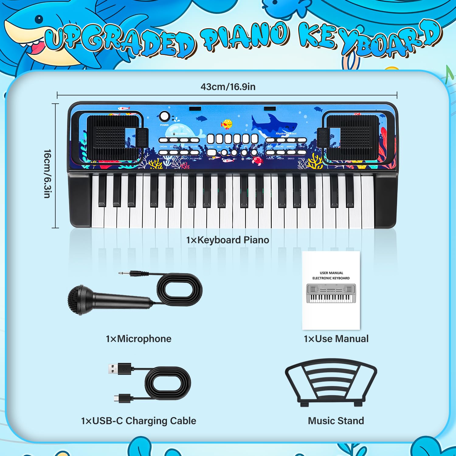 Infantil Piano Teclado 37 Teclas con Microfono y Atril – Portátil Juguete Musical para 3 4 5 6 Años Principiante Niños y Niñas, Regalos Navidad Cumpleaños, Negro