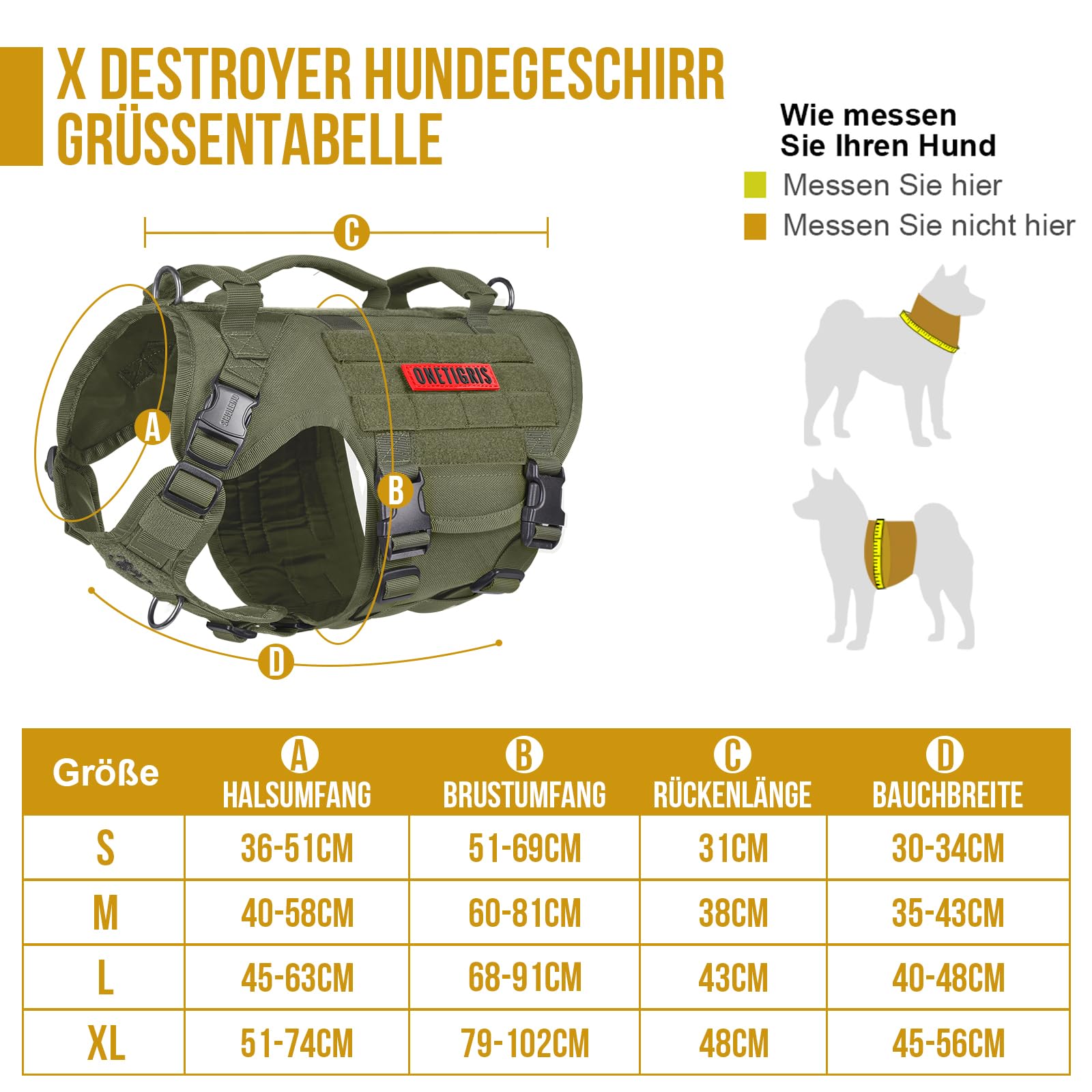 OneTigris Arnés para perros, X DESTROYER Tactical Harness Dog 3 Handles Heavy Duty Dog Carp con hebillas de metal, arnés de seguridad ajustable para perros de tamaño mediano - Verde L