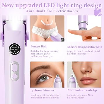 Bikini Trimmer for Women - 4 in 1 Women Electric Shaver Dual Head IPX7 Waterproof Wet & Dry Use Body Hair Trimmer and Facial Hair Remover for Bikini Underarm Leg Arm Body Face,Purple