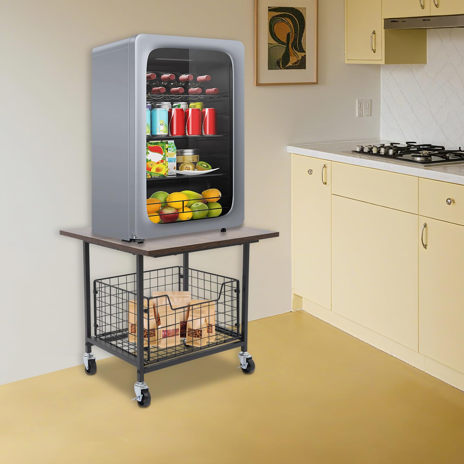 Mini soporte para nevera portátil resistente con ruedas y cesta de almacenamiento extensible, para hogar, oficina o dormitorio, hasta 150 kg (50 x 50 x 44,2 cm)