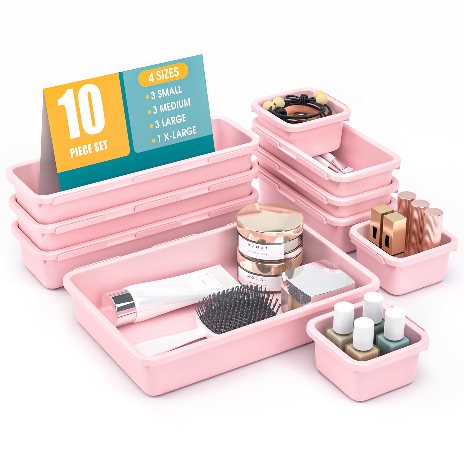 10 PCS Drawer Organizer Set, 4 Size Makeup Drawer Divider Organizer With Non-Slip Pads, Interlocking Plastic Storage Bins for Office,Jewelry Vanity,Gadgets, Bathroom,Kitchen, Pink