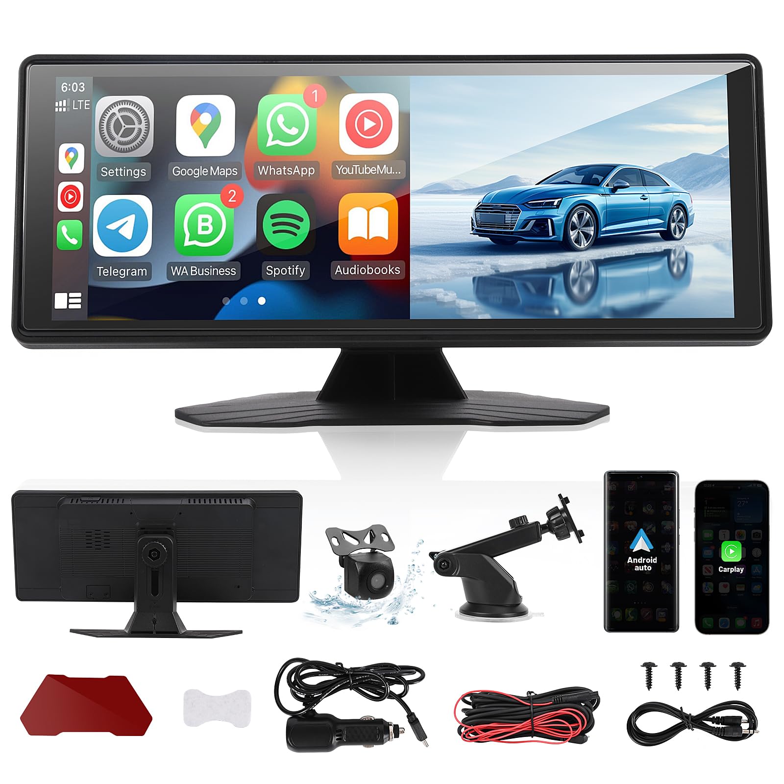 Pantalla CarPlay, radios de coche portátiles compatibles con Apple CarPlay y Android Car estéreo, pantalla táctil IPS, Bluetooth, cámara trasera AHD, AUX/USB/TF para coches, camiones, SUV, Motorhomes