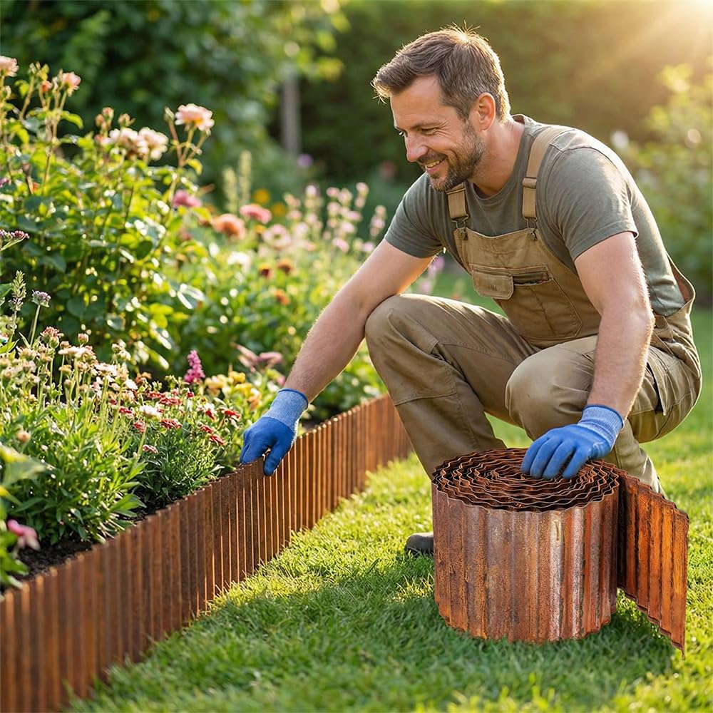 Bordure Corten Jardin Exterieur 12 m, Bordure de Jardin Metal Hauteur 15 cm, Bordure Jardin Exterieur Metal Rouille, Bordure de Gazon Ondulée en Rouille