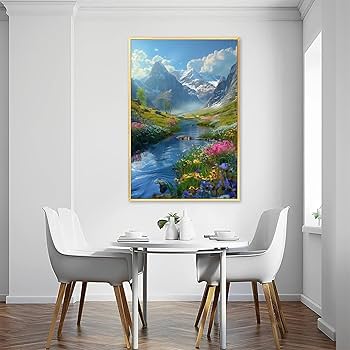 Amazon.co.jp: 絵画 山と川と花の春の風景インテリア 絵画